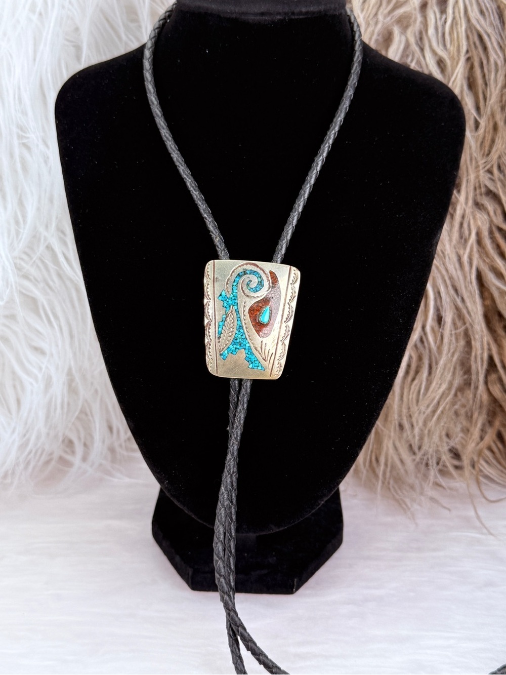 Vintage J. Franklin Navajo Sterling Silver Turquoise & Coral Inlay Bolo Tie